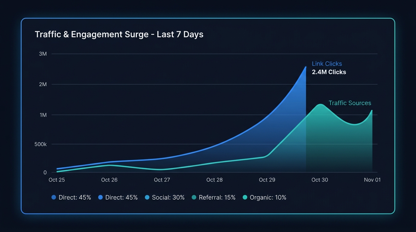 A dashboard chart showing click volume rising sharply over seven days, broken down by traffic source.
