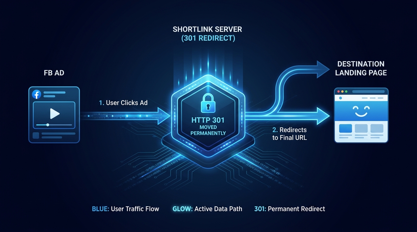 A Facebook ad click passes through the shortener, which answers with HTTP 301 Moved Permanently and sends the visitor to the destination landing page.